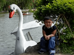 little asian filipino boy near a swan formed boat at burnham park burnham lagoon baguio city philippines